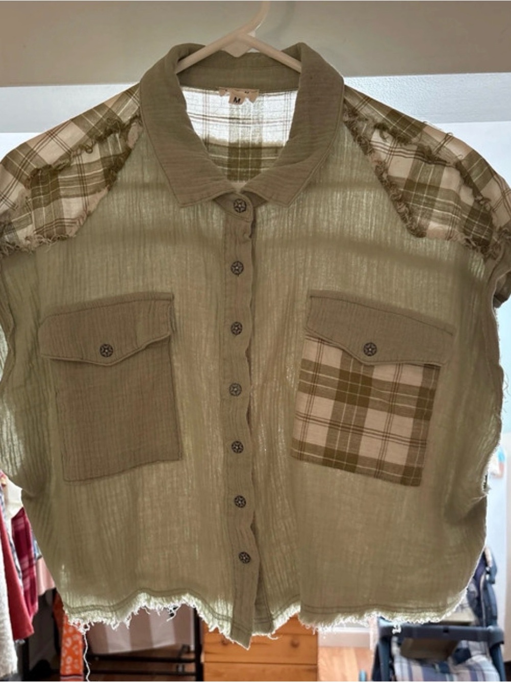 POL Sage & Olive Green cream Plaid-Trim Button Front Shirt sz M, NWOT
